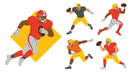 American Football Players in Action Poses Running, Catching, and Throwing the Ball on White Background