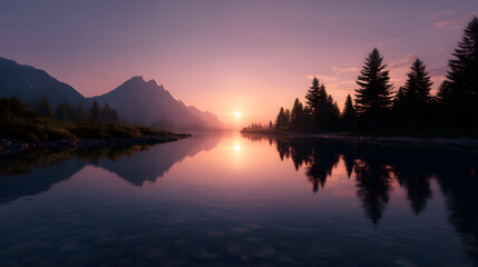 Fototapeta premium Serene Sunset Reflections: The tranquil waters of a lake mirror the soft hues of a sunset, framed by silhouettes of mountains and trees. A captivating vista.