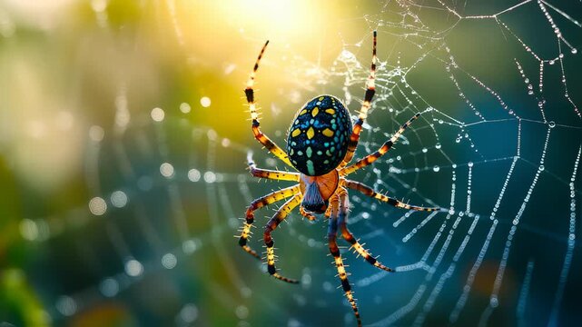 European garden spider on dew-covered web, shining in the morning sunlight, a perfect macro shot
