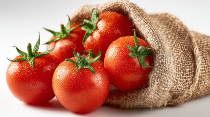 Fresh, glistening tomatoes nestled in burlap with droplets of water, showcasing their vibrant red color and lush greenery for a refreshing touch.