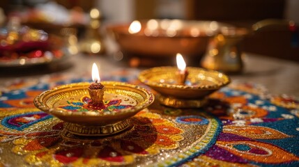 Warm light from decorative lamps brightens a vibrant table adorned with colorful patterns. The scene creates a joyful atmosphere for a cultural event in the evening.