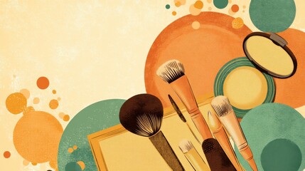 A colorful illustration featuring various makeup brushes and palettes against a vibrant background of circles and textures, makeup poster arts