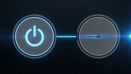 Digital Power Button Icon Glowing Blue Next to Another Circle With Light Flare Effect Against Dark Grid Background With Lens Flare - Powered by Adobe