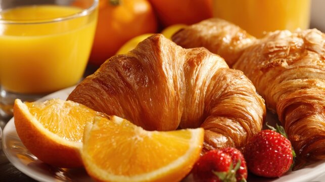 Croissants are arranged on a white plate complemented by orange slices and strawberries with a glass of orange juice nearby creating a vibrant breakfast scene.