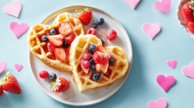 Heart shaped waffles are beautifully arranged on a plate topped with a vibrant mix of strawberries blueberries and raspberries.