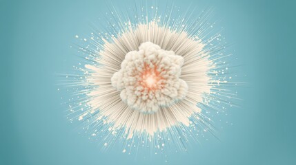 A visually striking explosion graphic featuring a central cloud with radiating lines, set against a soft blue background, makeup poster arts