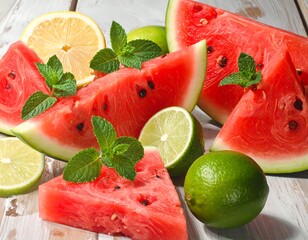 Sliced watermelon, limes, lemons, and mint leaves artfully arranged on a rustic wooden surface