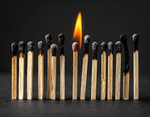 Burning match stands tall amongst others, partially or completely burnt
