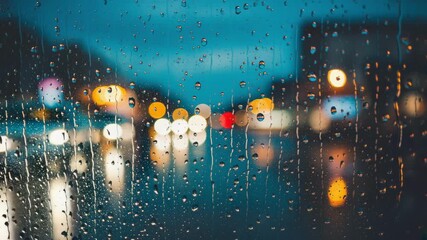 Rainy night city lights bokeh through wet window glass water droplets abstract background - Powered by Adobe