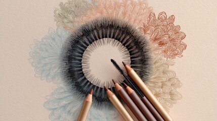 A colorful artistic arrangement featuring intricate floral designs drawn with pencils on textured paper, makeup poster arts