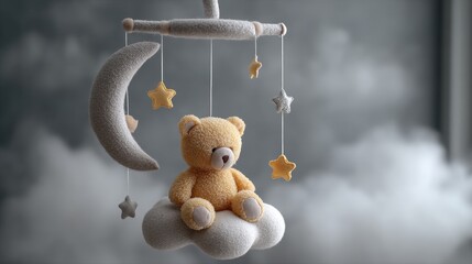 A soft baby mobile features a cute teddy bear sitting on a fluffy cloud surrounded by stars and a crescent moon creating a serene atmosphere in a nursery.