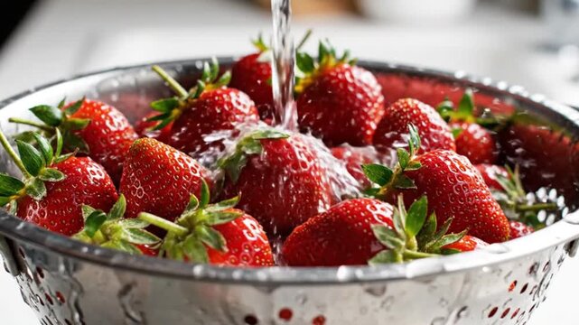 Fresh ripe strawberries being washed with running water in a metal colander in a kitchen sink