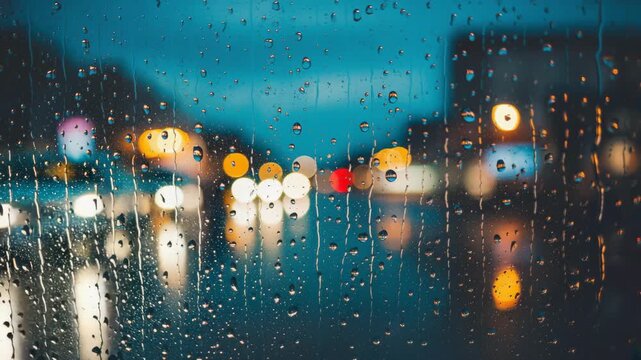 Rainy night city lights bokeh through wet window glass water droplets abstract background - Powered by Adobe