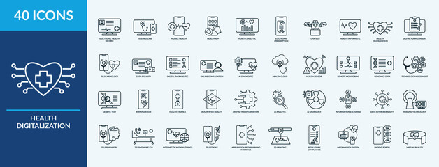 Health digitalization icon set. Containing mobile health, online consultation, patient portal, augmented reality, chat bot  and more. Outline vector icons collection