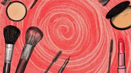 A vibrant swirl background featuring various makeup brushes, lipsticks, and powders, an artistic representation of beauty and cosmetics, makeup poster arts