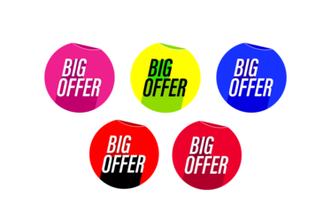 Colorful promotional stickers with bold text 'Big Offer' in various bright colors for marketing and advertising campaigns