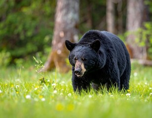 Obraz premium A black bear strides through a field, head held high