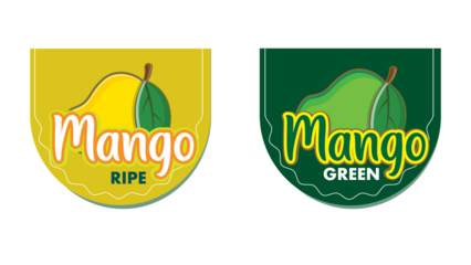 Creative mango fruit label design set featuring ripe yellow and green mango illustrations with modern typography for packaging and branding