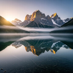 웅장한 겨울의 산과 그 앞으로 보이는 잔잔한 호수