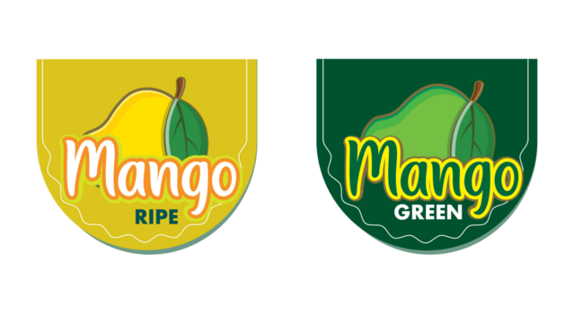 Creative mango fruit label design set featuring ripe yellow and green mango illustrations with modern typography for packaging and branding