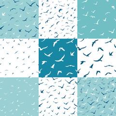 A collection of seamless patterns with birds. A flock of flying silhouette birds. White seagulls on a blue