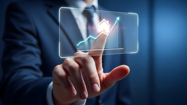 Businessman interacting with a futuristic financial growth chart display