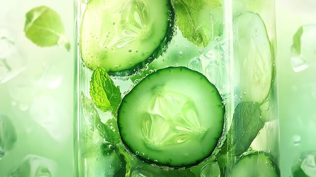 Refreshing cucumber and mint infused water with ice cubes in a glass, closeup shot - Powered by Adobe