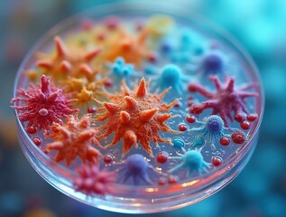 Microorganisms, bacteria and viruses grow in petri dish in a biology lab