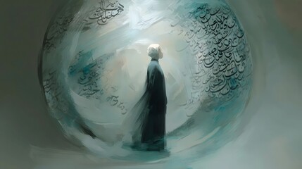A serene figure in a dark cloak surrounded by swirling calligraphy, exuding a mystical atmosphere.