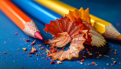 Close-up of colored pencils with shavings on a blue surface
