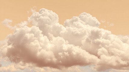 Large fluffy white clouds drift slowly across a warm pastel sky as the sun begins to set creating a serene atmosphere near a peaceful landscape.