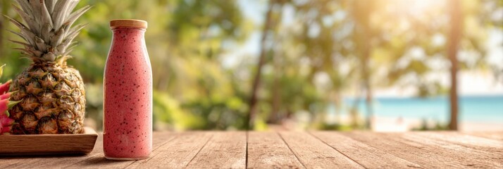 Fresh Smoothie and Tropical Fruits on a Sunny Beach With a Blurred Background Creating a Relaxing Atmosphere