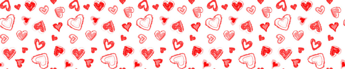 a whimsical pattern of hand-drawn red hearts on a clean white background