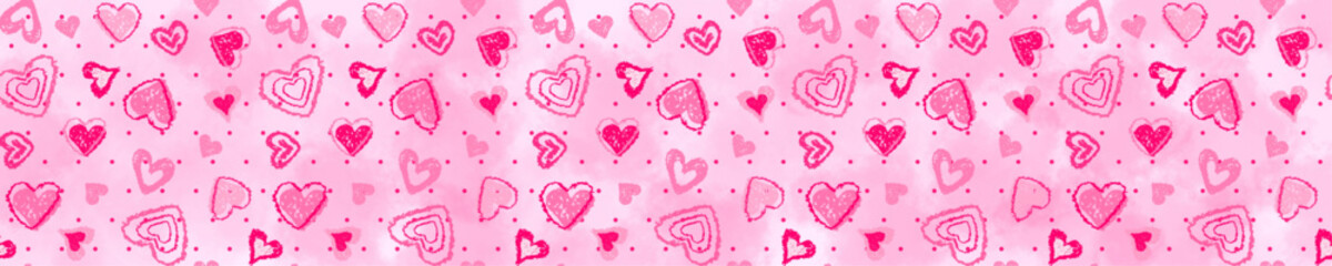 a whimsical valentine's day pattern with hand-drawn pink hearts and polka dots on a soft pink background