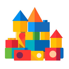 Colorful Construction Blocks Stacked into Abstract Geometric Structure on White Background
