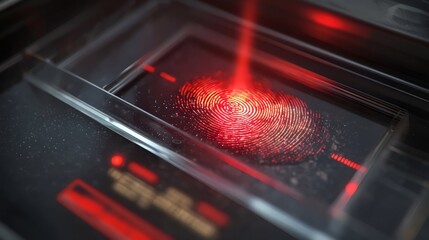 Close-up of a glowing red fingerprint scanner on a sleek surface, symbolizing advanced biometric technology.