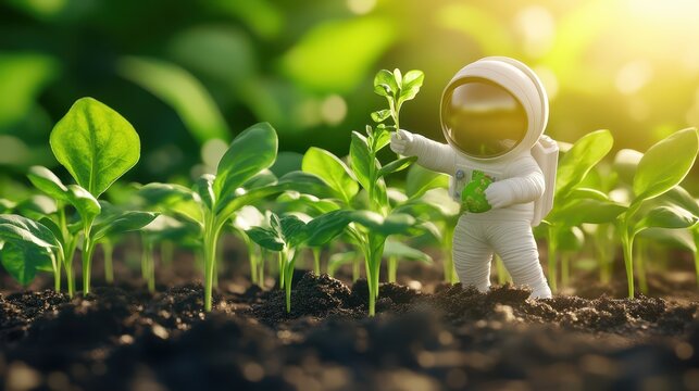 Astronaut and seedling: An astronaut figure tending to a small, young seedling in a fertile patch, highlighting the interrelationship of the environment and exploration.