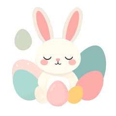 Fototapeta premium Illustration of Creamy White Rabbit Surrounded By Pastel Easter Eggs on White Background