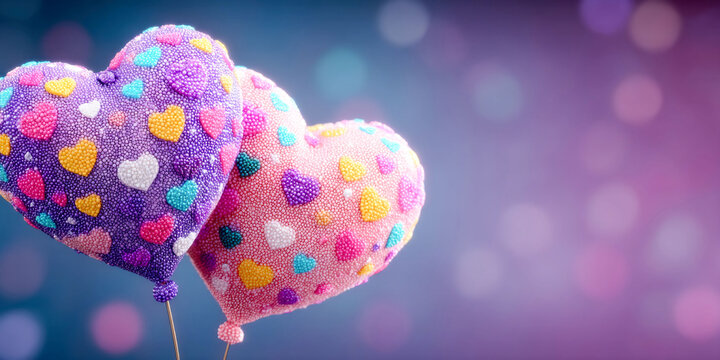 Two heart-shaped balloons with colorful hearts on them are floating in the air. The balloons are surrounded by a blurry background, giving the image a dreamy and romantic feel - Powered by Adobe