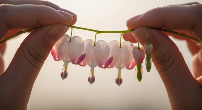 Two hands gently holding delicate pink bleeding heart flowers with heart shaped petals and purple droplets backlit by soft natural sunlight - Powered by Adobe