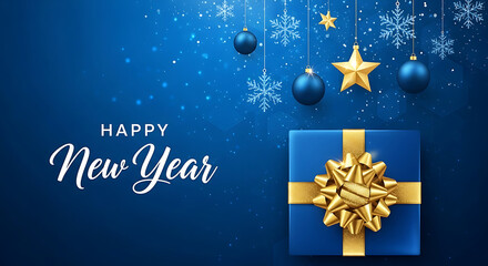 Happy new year background with gift box, stars and snowflakes