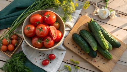 Fresh harvest tomatoes cucumbers and dill