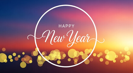 Happy new year text with golden bokeh lights on colorful gradient