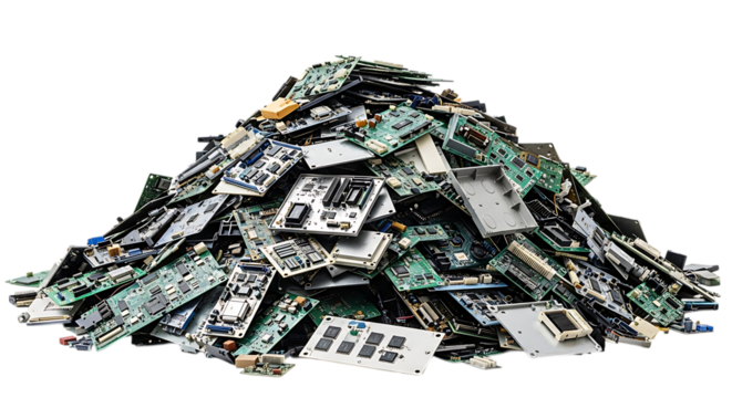 Heap of discarded circuit boards representing electronic waste and recycling concept