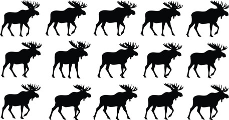 Black and White Repeated Silhouette of a Large Bull Moose with Antlers Walking, Isolated Vector Illustration Pattern for Wildlife and Nature Design.