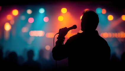Silhouette of male singer holding microphone on stage, vibrant bokeh lights in background; live music performance concept.