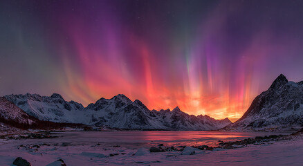 Snow-capped mountain range under vibrant aurora borealis at dusk; natural landscape concept.