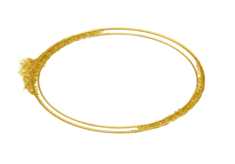 Elegant oval gold frame with thin border, sparkling glitter elements, metallic sheen, isolated on transparent background with copy space. Concept of luxury design element