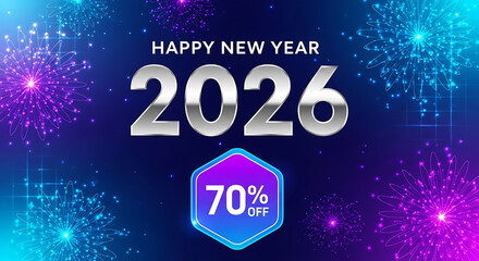 Happy new year 2026 celebration sale banner with 70% discount
