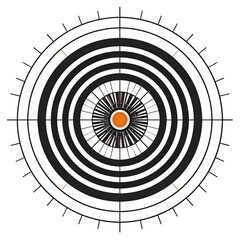 Abstract Concentric Circles Design with a Central Orange Dot on White Background with Black Radial Lines and Varying Ring Widths